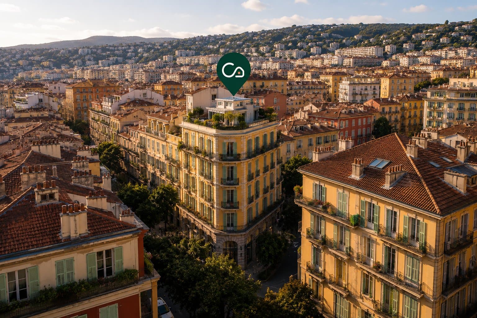 Vue aérienne d’un immeuble résidentiel repéré par le pin Cozyo